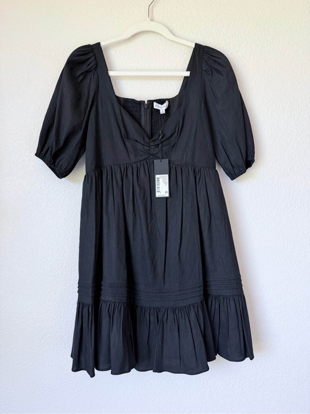 Gianni Bini Black Linen Blend Smocked Back Puff Sleeve Mini Dress NWT Size 4